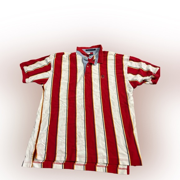 Tommy Hilfiger Other - Tommy Hilfiger Red and White Vertical Striped 90s Crest Logo Polo Shirt